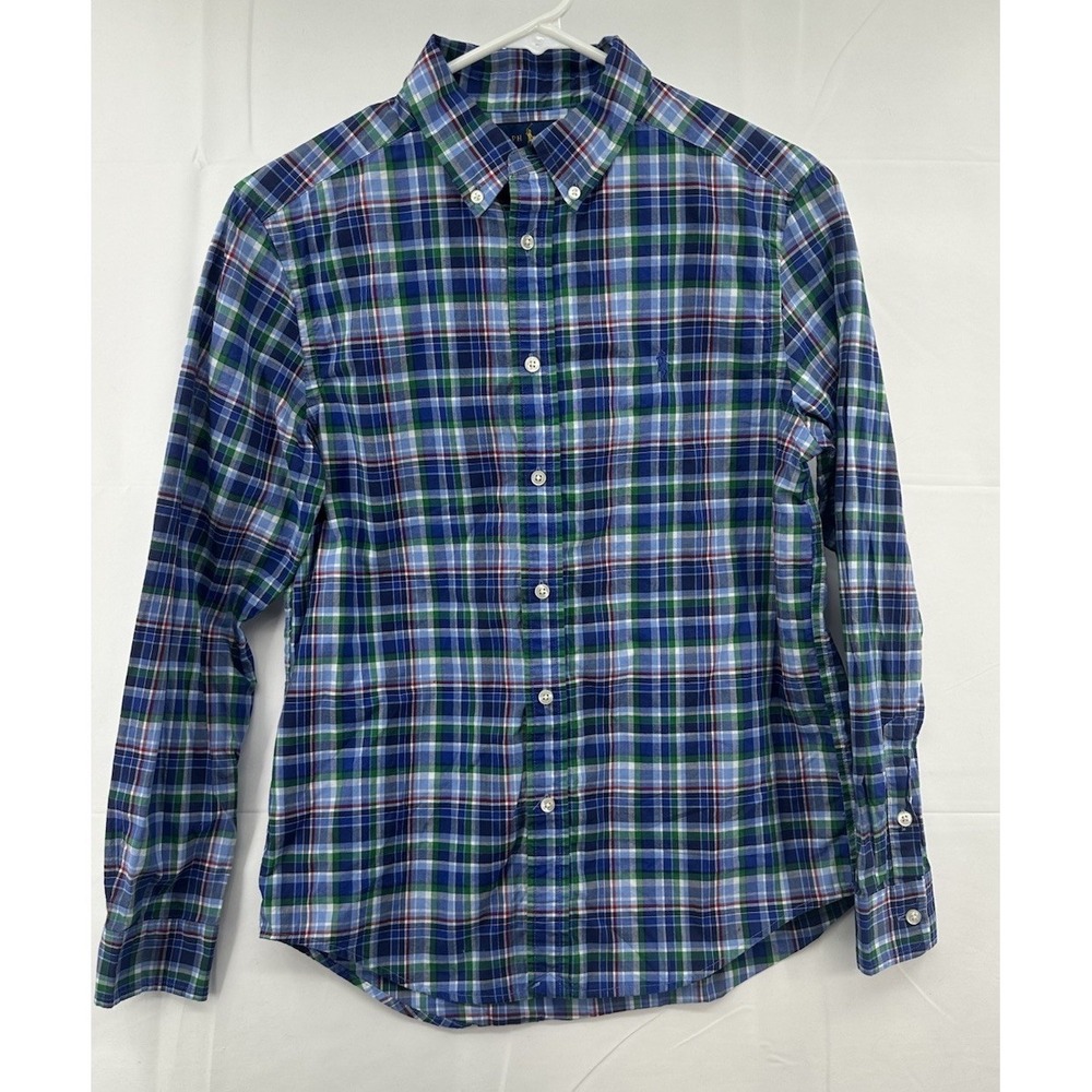 Ralph Lauren Youth Boys Shirt‎ Large  14-16 Blue Plaid Long Sleeve Button Down